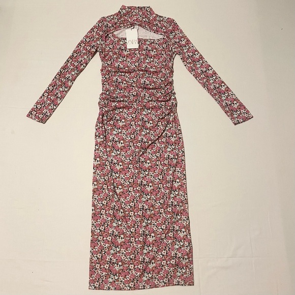 Zara Floral Long Sleeve Dress with Cut Outs Size Large - Picture 1 of 16